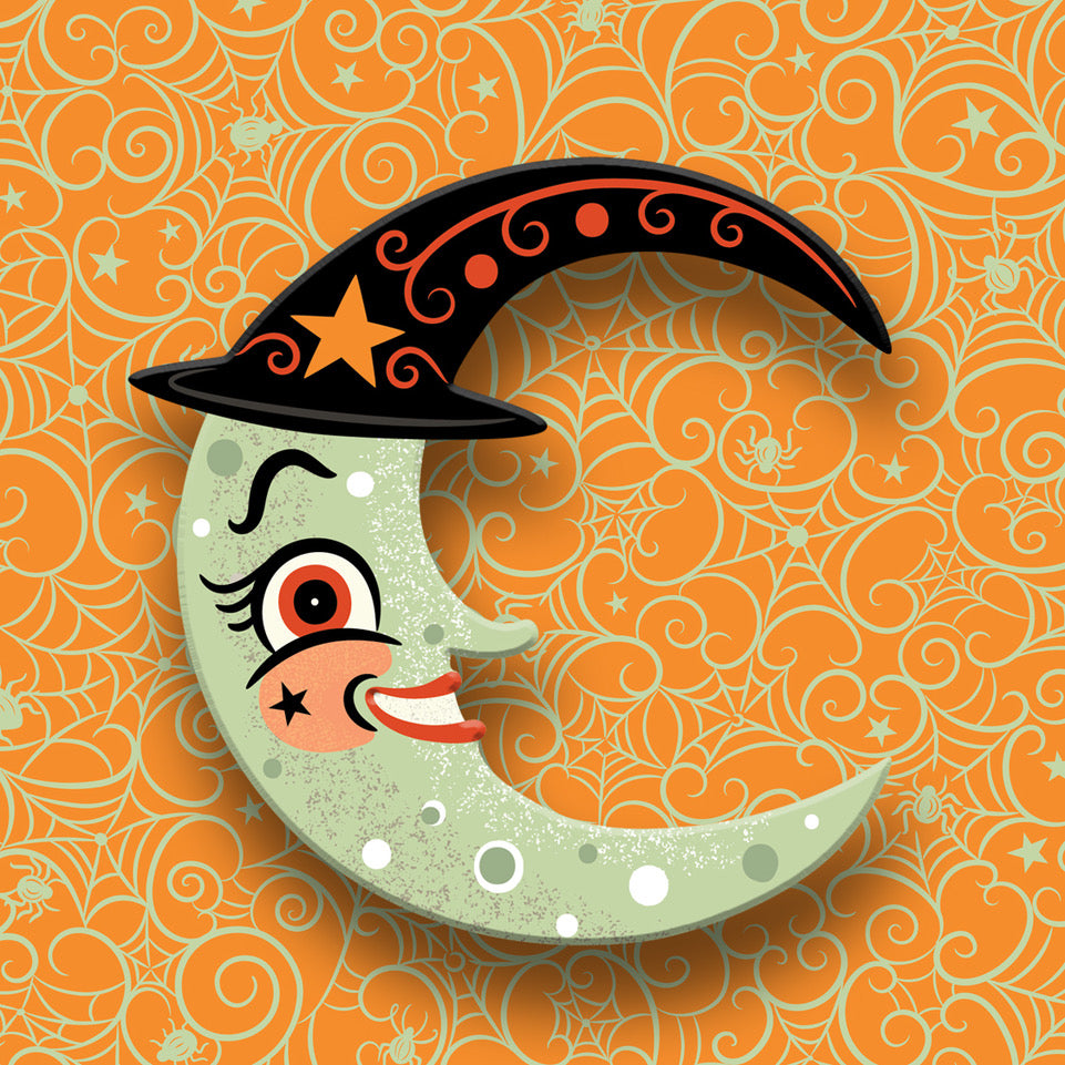 Halloween-themed crescent moon with a witch hat on an orange patterned background johanna parker halloween
