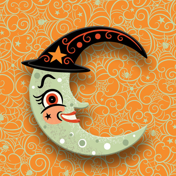 Halloween-themed crescent moon with a witch hat on an orange patterned background johanna parker halloween