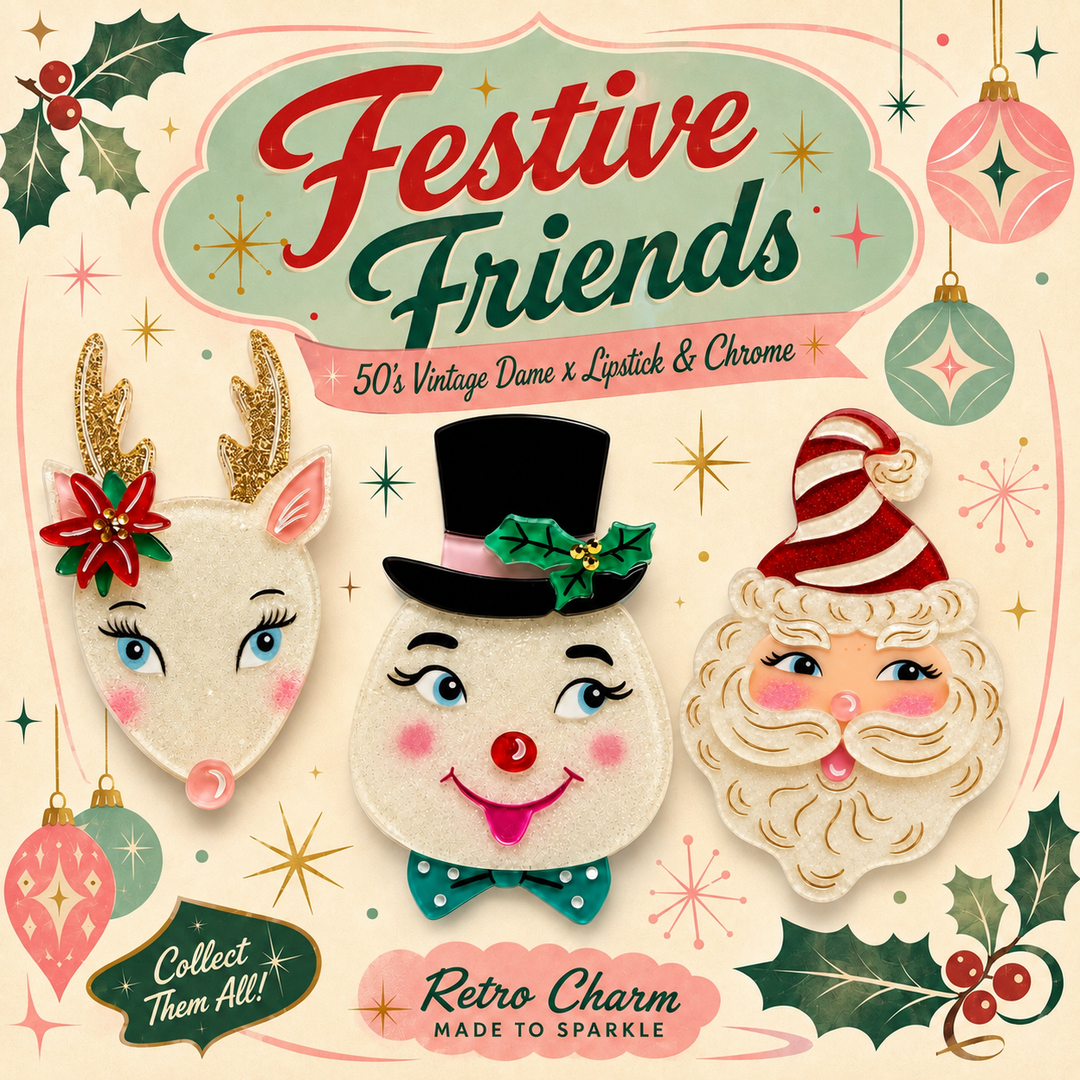 Festive Friends retro Christmas brooches by 50's Vintage Dame x Lipstick & Chrome: Ruby Reindeer, Mister Merry snowman and Kitsch Kringle Santa