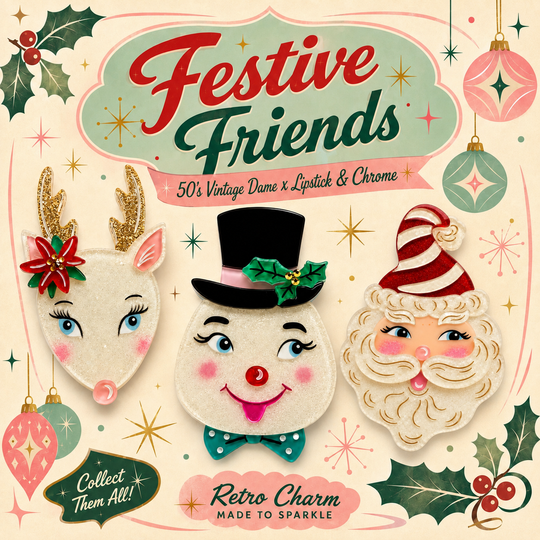 Meet the Festive Friends: Retro Christmas Brooches by 50's Vintage Dame x Lipstick & Chrome