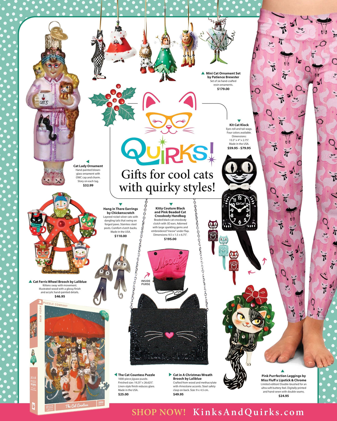 Purr-fect gifts for cat lovers including ornaments, jewelry, Kit Cat Klock, and quirky cat-themed accessories