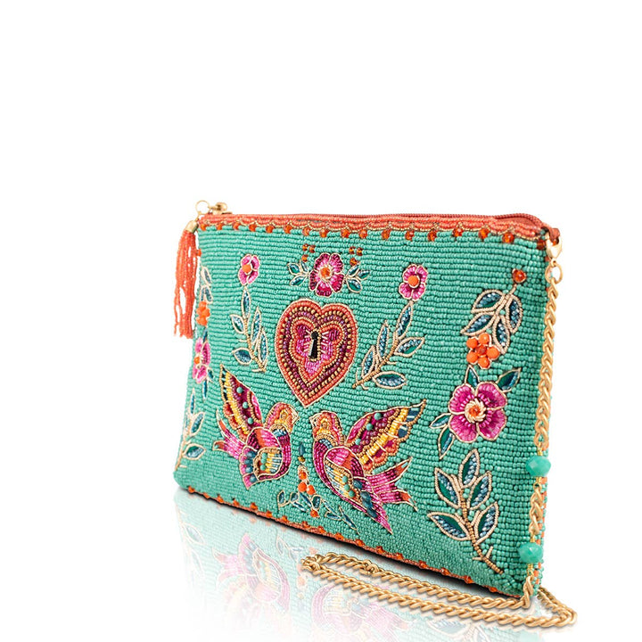 Two In Love Lovebirds and Heart on Turquoise Beaded Handbag