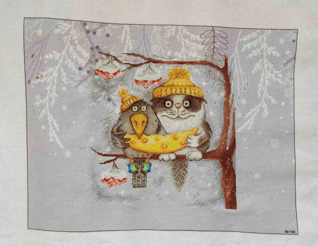 Snowy Pine Designer Printed AIDA Fabric. Canvas for embroidery with an applied background  KF-1180A