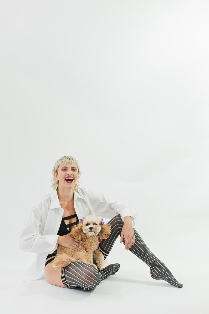 Annabelle: All Work, All Play Pinstripe Thigh Highs. Petite to Plus Size