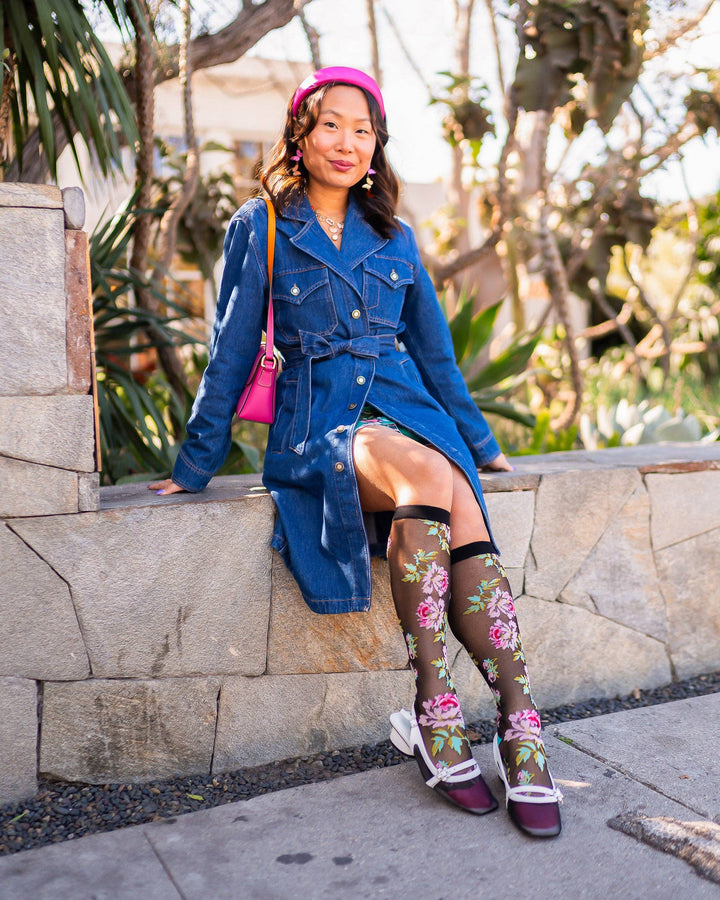 English Rose Black Sheer Knee High Sock