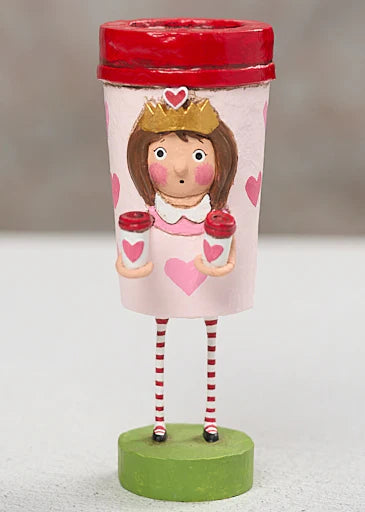Decorative figurine with a red lid, pink body, and brown hair  lori mitchell valentine's day new 2027 figurines whole latte love