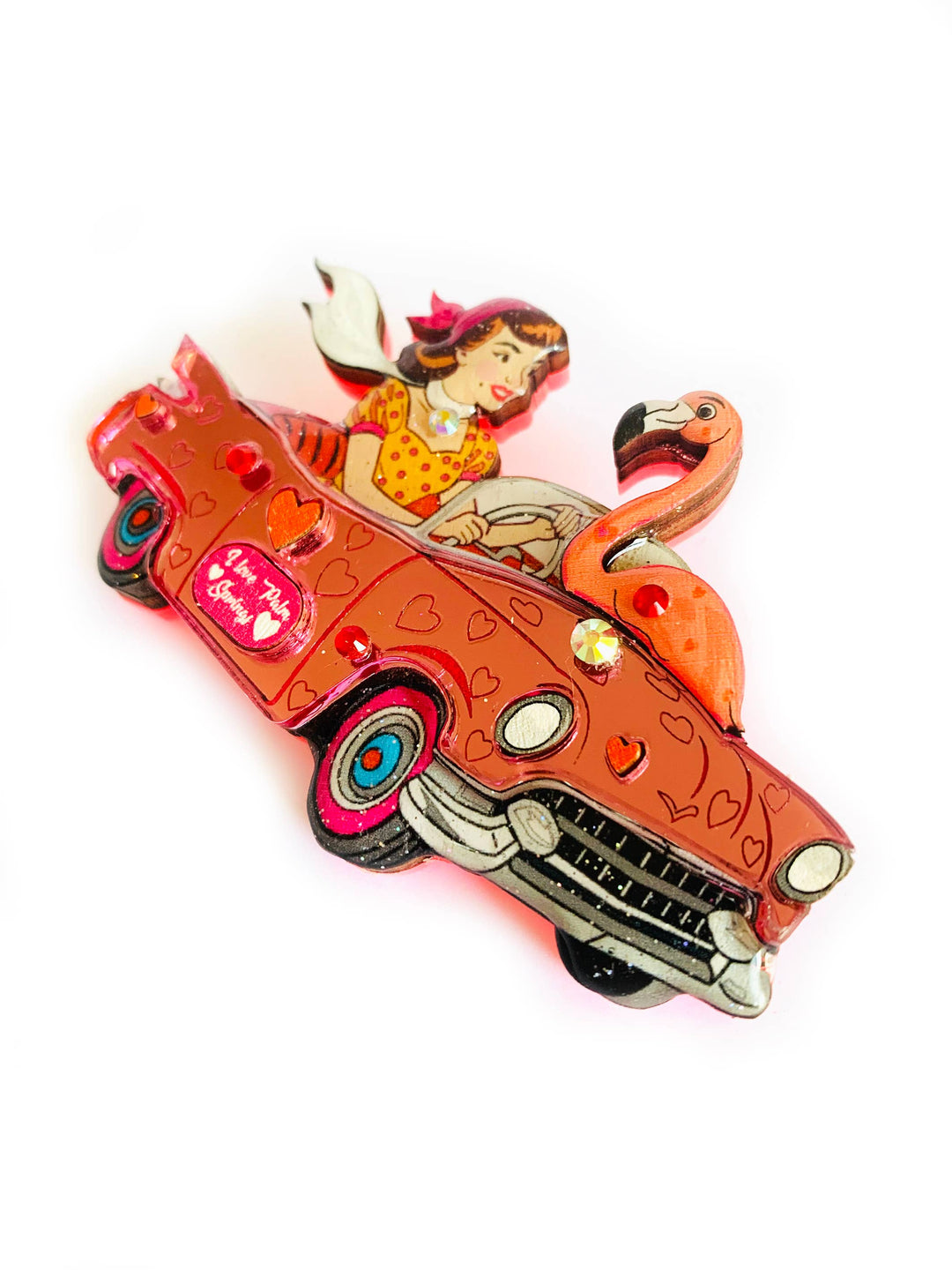 Frankie & the Flamingo Car Brooch by Rosie Rose Parker
