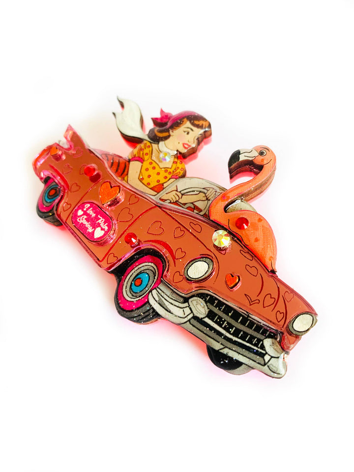 Frankie & the Flamingo Car Brooch by Rosie Rose Parker