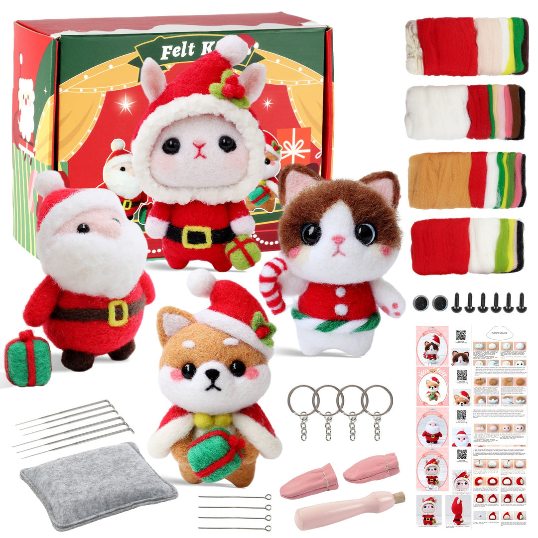 Christmas Bunny, Shiba Inu, Cat and Santa Needle Felting Kit. Wizardi DIY Wool Craft Kit F07N8-Z-06