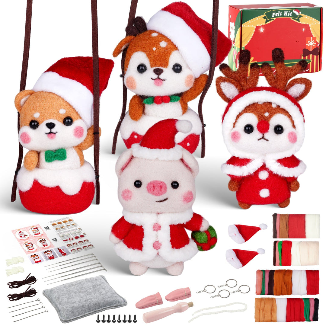 Christmas Shiba Inu and Piggy Needle Felting Kit. Wizardi DIY Wool Craft Kit F07N8-Z-12