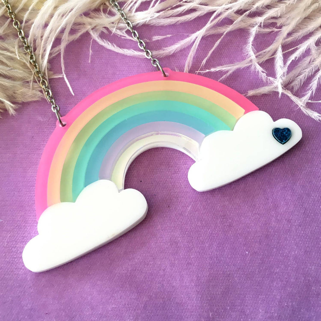 Pastel Frosted Rainbow Acrylic Statement Necklace With Clouds