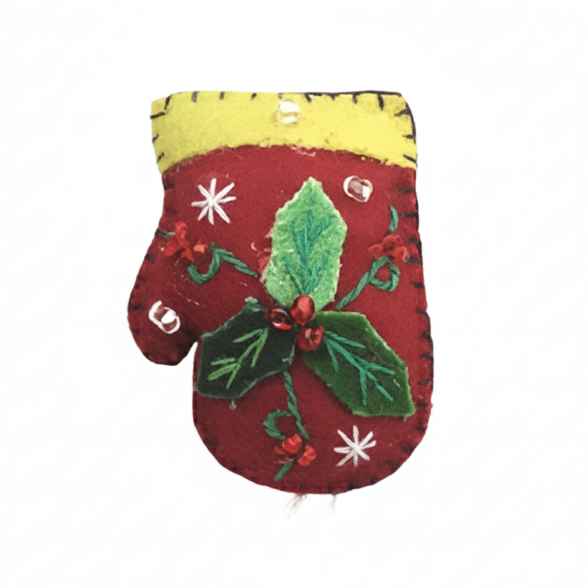 Decorative felt mitten pin with holly design