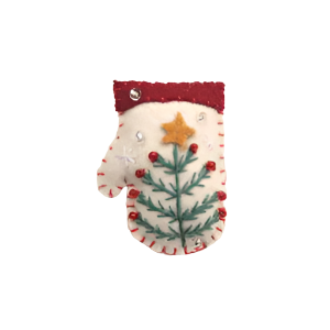 2" Felt White Mitten w/Green Tree Brooch