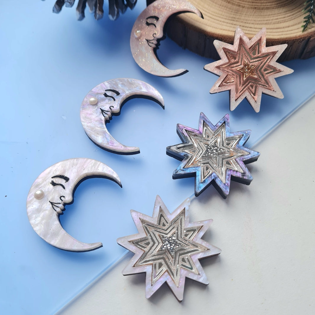 Moon and Star Brooch Set