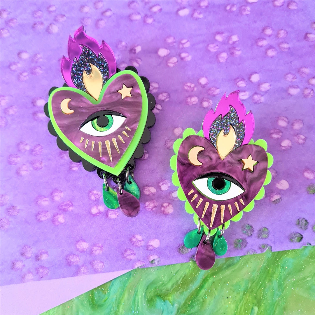 Flaming Heart Brooch – Neon Green and Purple, Two Sizes
