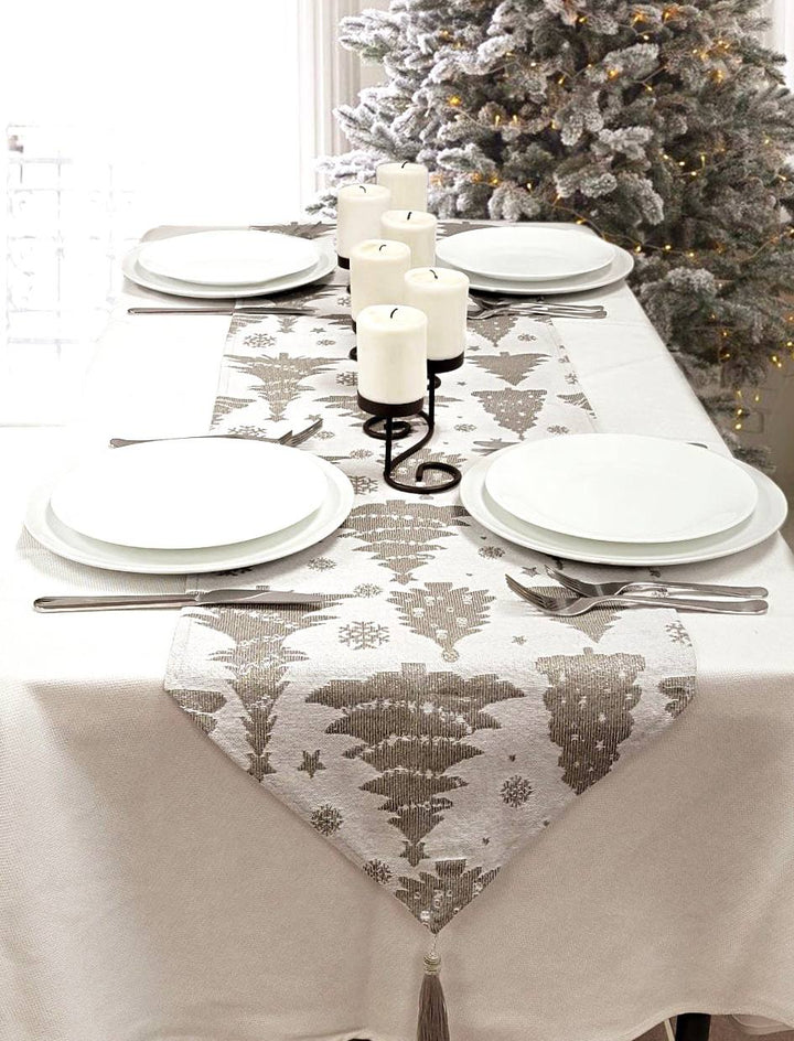 Silver Pine Trees Christmas Table Runner F07M5-9A Silver