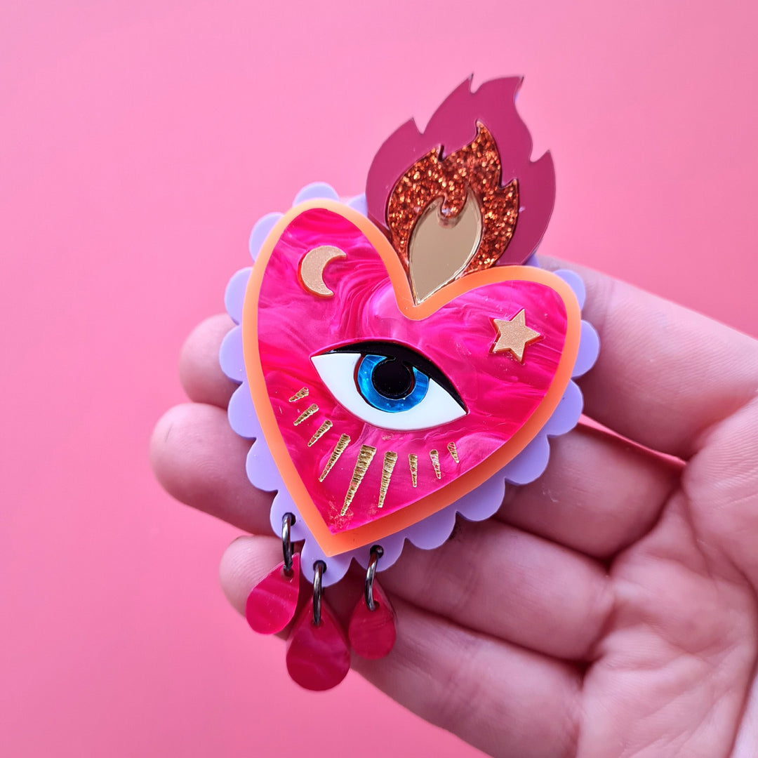 Flaming Heart Statement Brooch or Necklace – Pink Neon Orange