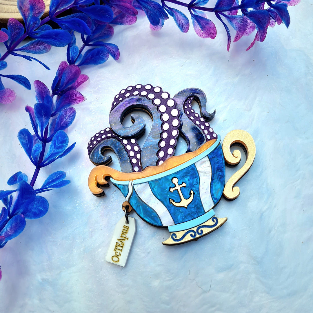 Oc-Tea-Pus Octopus Teacup Brooch or Necklace