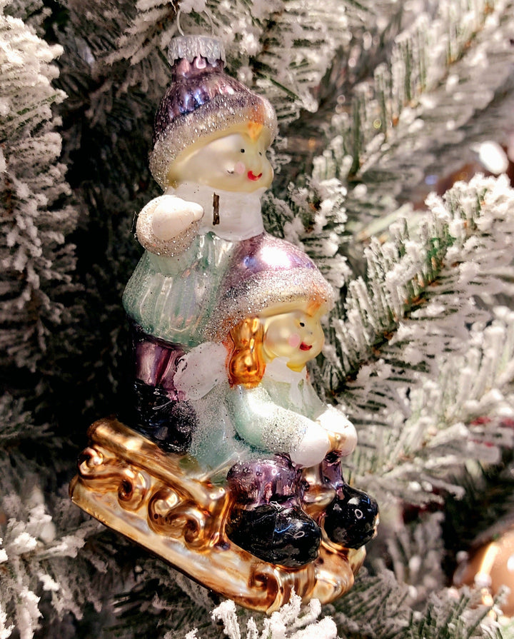 Children on Sled Christmas Glass Ornament by Wizardi F07M3-45 HB-SY25038