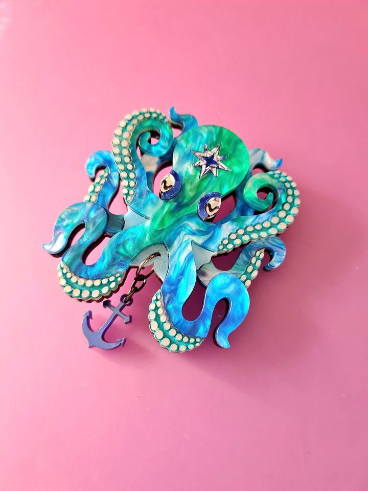 Octopus Brooch or Necklace Ocean Dream - blue green marble octopus with anchor charm