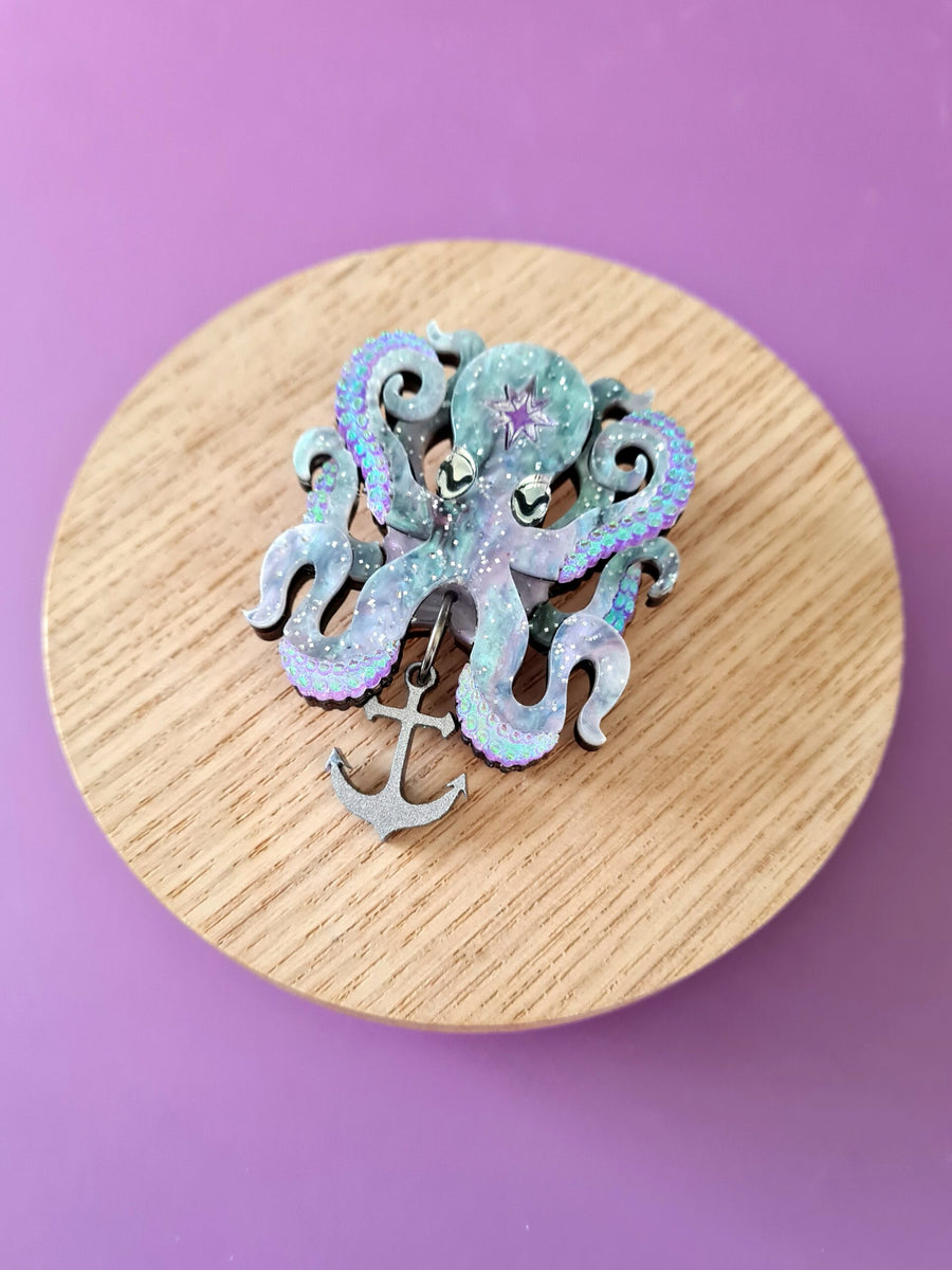Octopus Pin Brooch or Pendant Cosmic Rock - mini purple glitter octopus with anchor charm