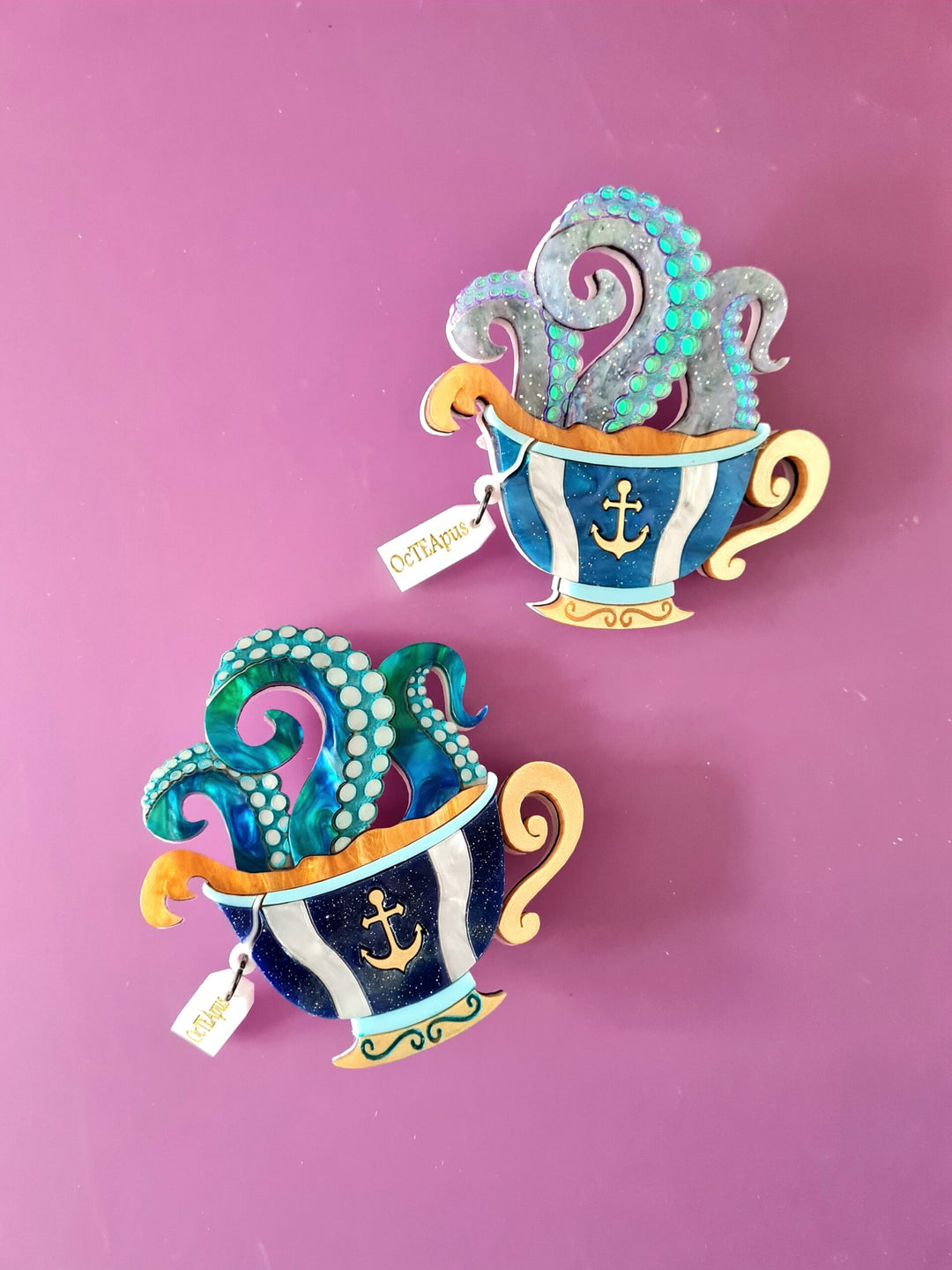 Octopus Tea Brooch or Necklace - Oc-TEA-pus quirky acrylic jewelry