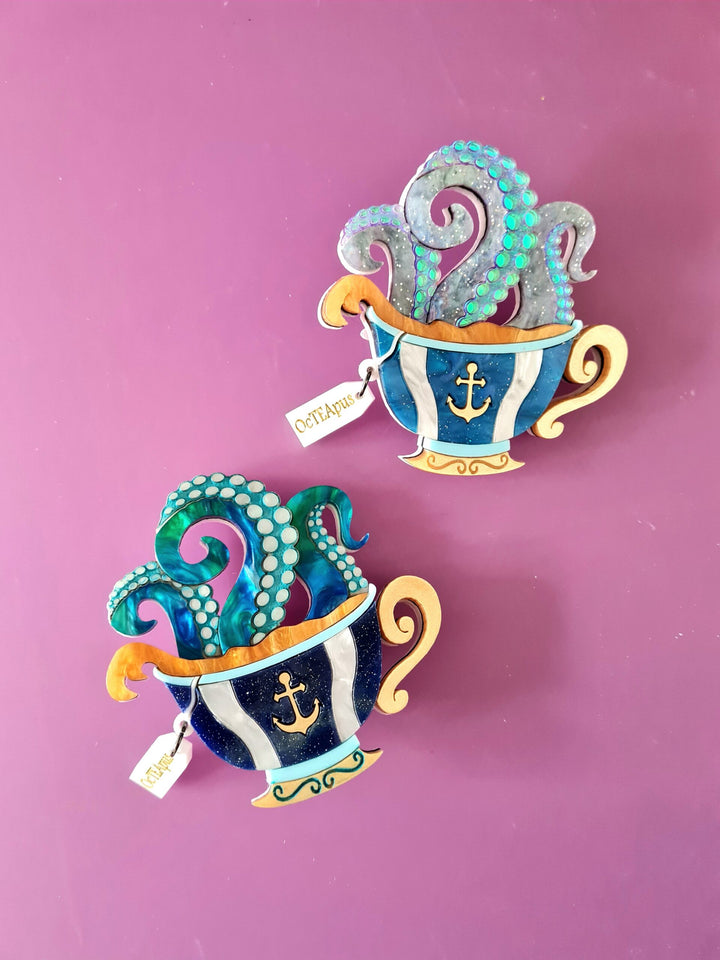 Octopus Tea Brooch or Necklace - Oc-TEA-pus quirky acrylic jewelry
