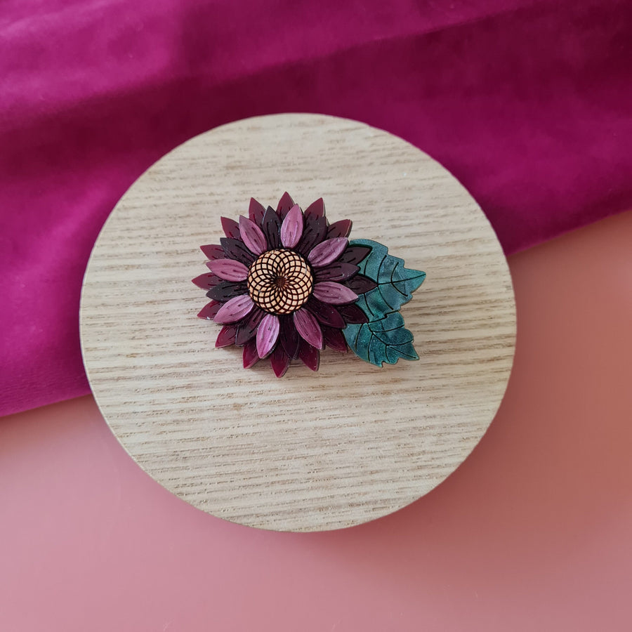 Burgundy Autumn Sunflower Pin Brooch - geometric floral brooch in rich burgundy acrylic
