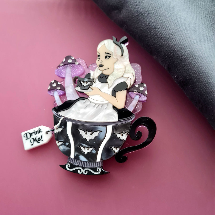 Gothic Alice Tea Cup Brooch or Necklace - goth Alice in wonderland teacup design