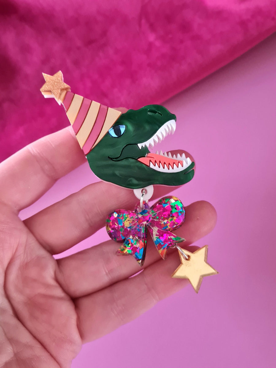 Party T-Rex Brooch or Pendant - dinosaur wearing party hat, handmade acrylic jewelry