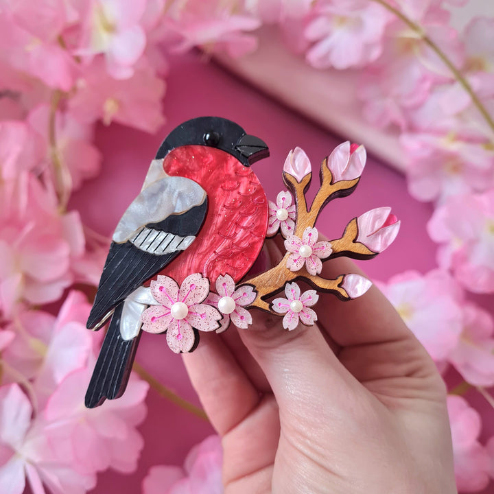 Bullfinch and Blossoms Brooch worn