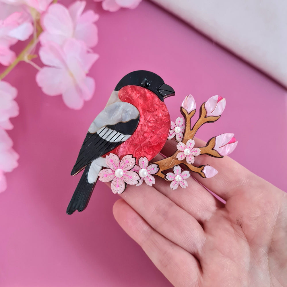 Bullfinch and Blossoms Brooch side view