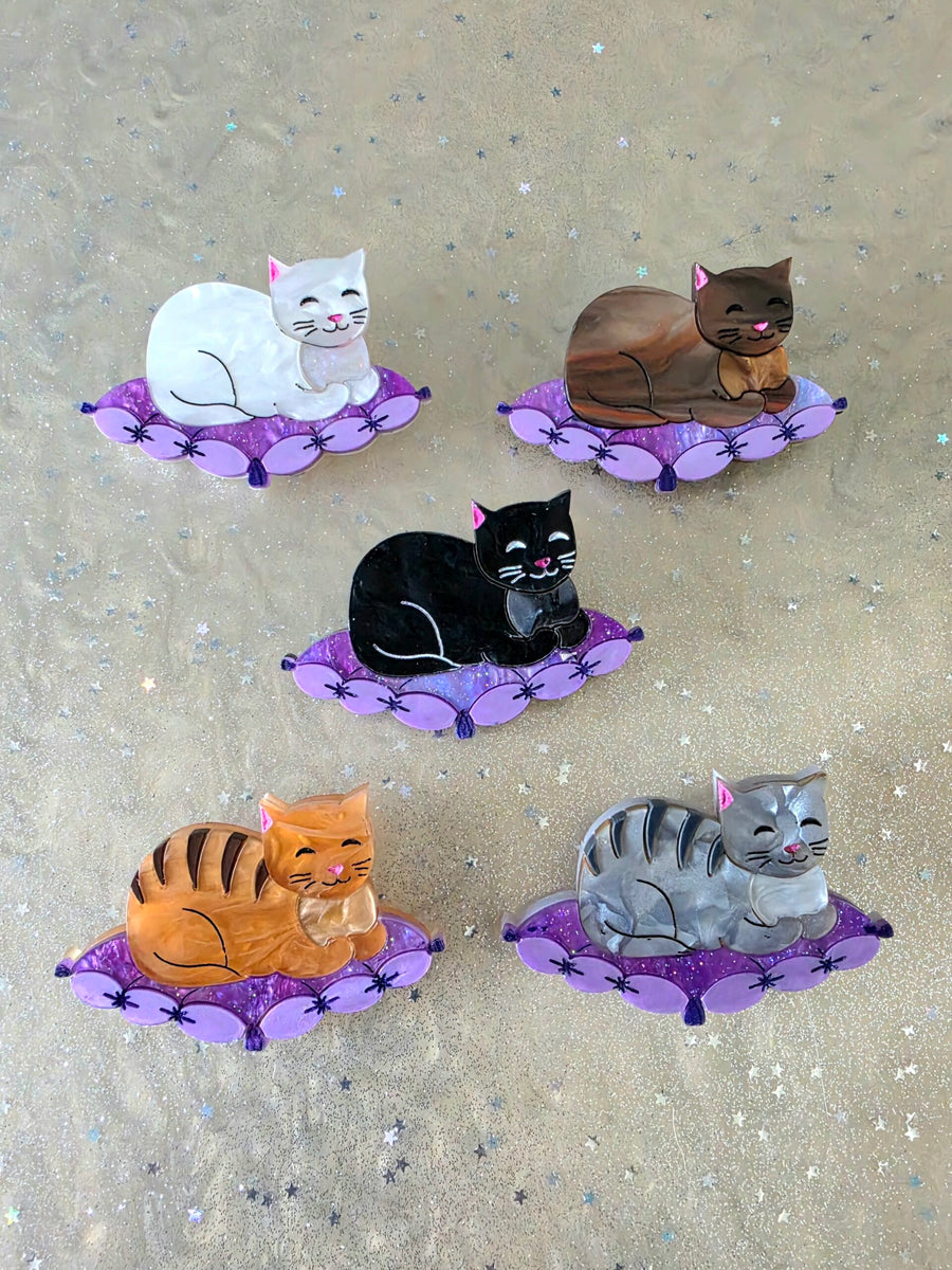 Loaf Cat Brooch Pin - snoozing loaf cat on cushion, handmade acrylic