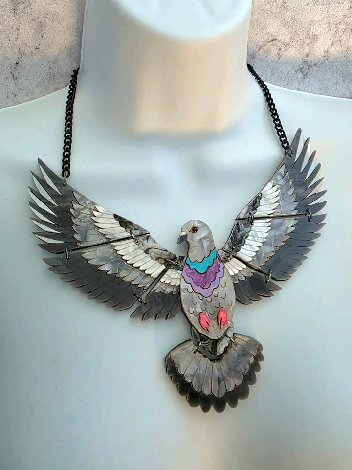 Articulated Flying Pigeon Bird Acrylic Statement Necklace