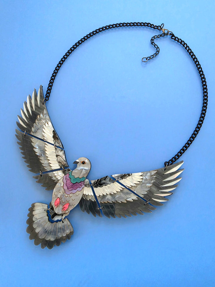 Articulated Flying Pigeon Bird Acrylic Statement Necklace