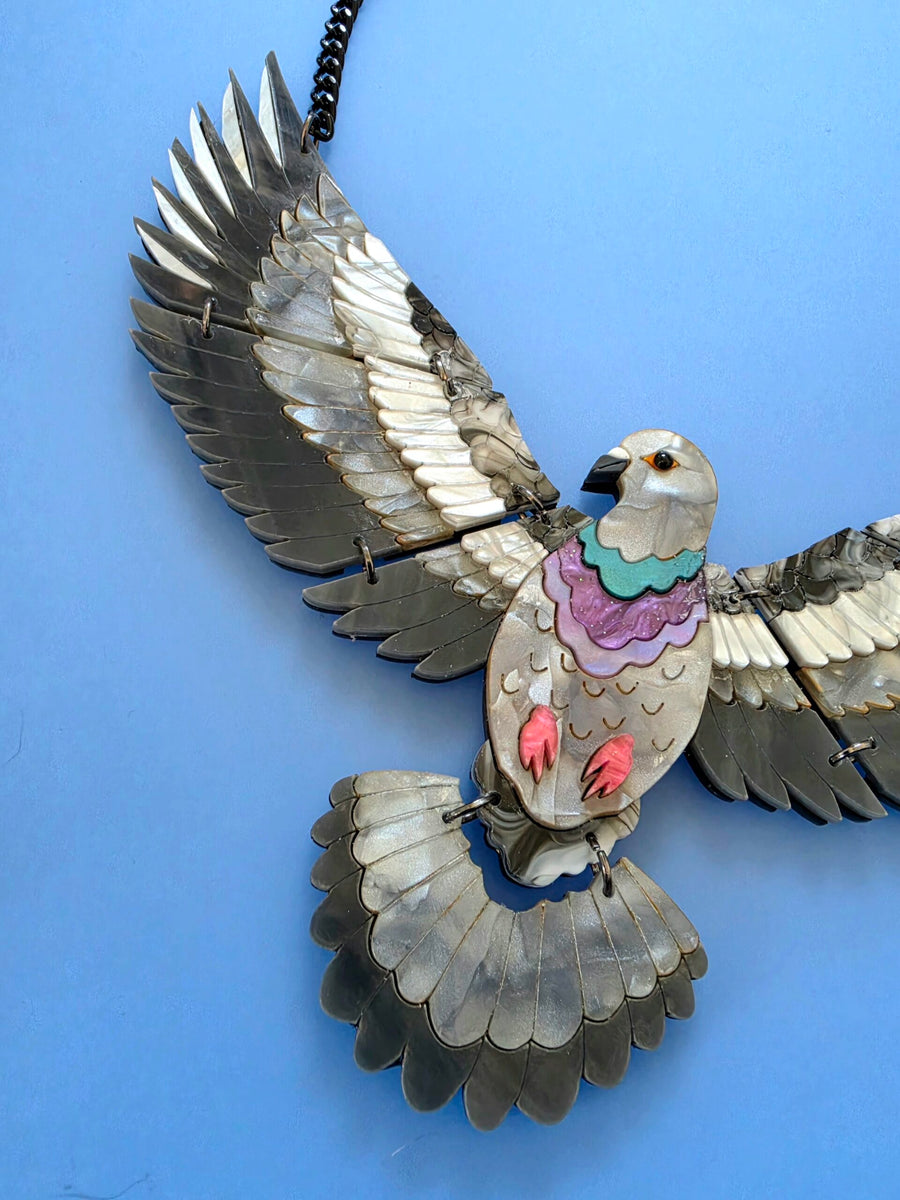 Articulated Flying Pigeon Bird Acrylic Statement Necklace