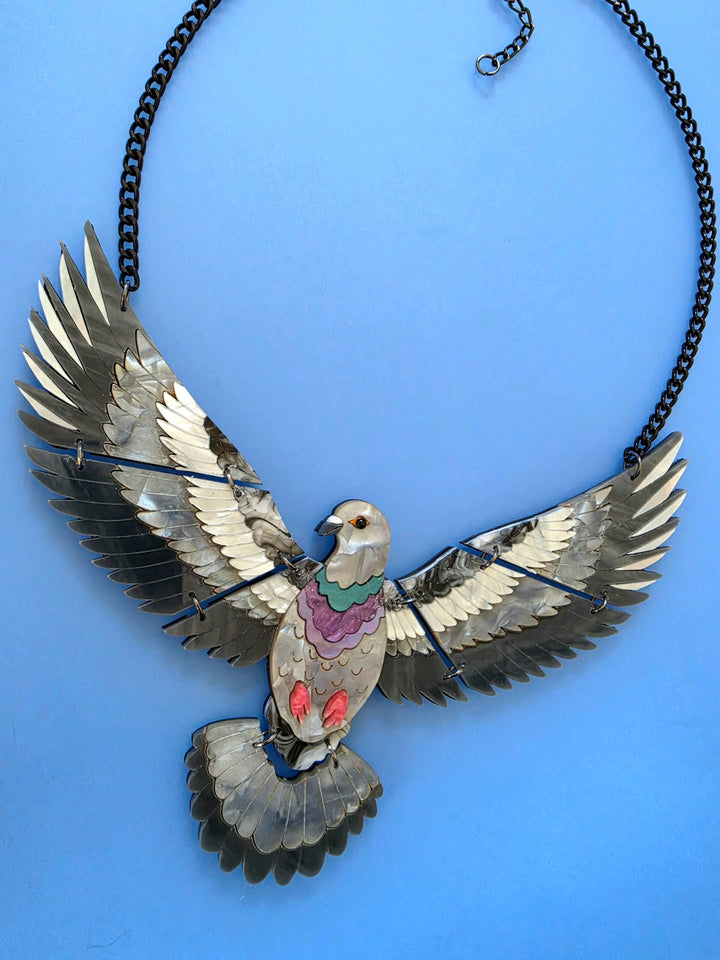 Articulated Flying Pigeon Bird Acrylic Statement Necklace