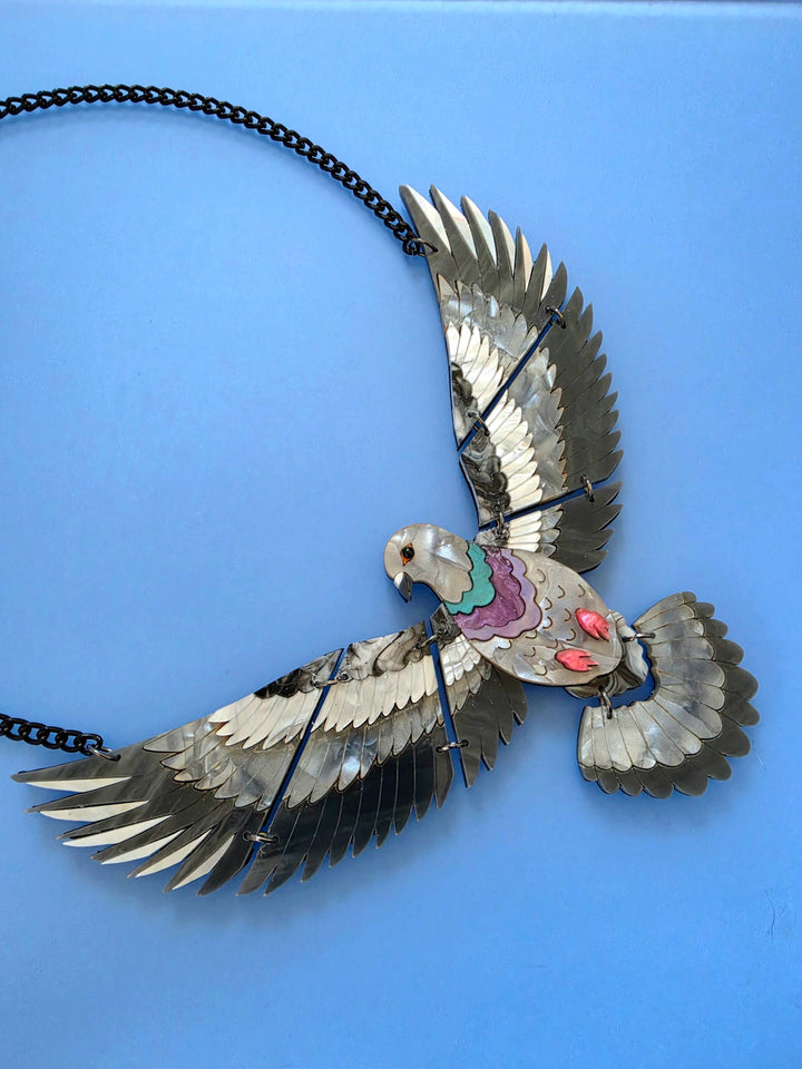 Articulated Flying Pigeon Bird Acrylic Statement Necklace