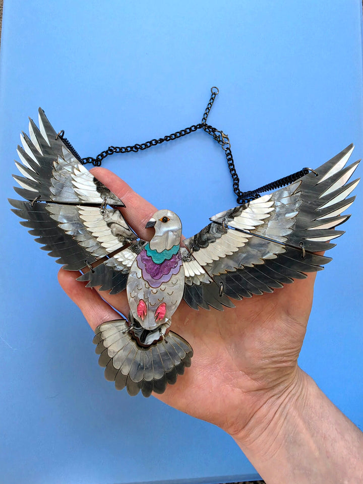 Articulated Flying Pigeon Bird Acrylic Statement Necklace