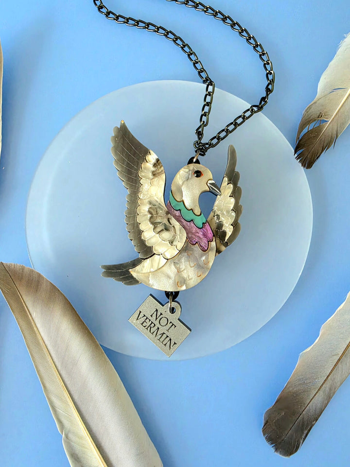 Flying Pigeon Bird Acrylic Statement Brooch or Necklace