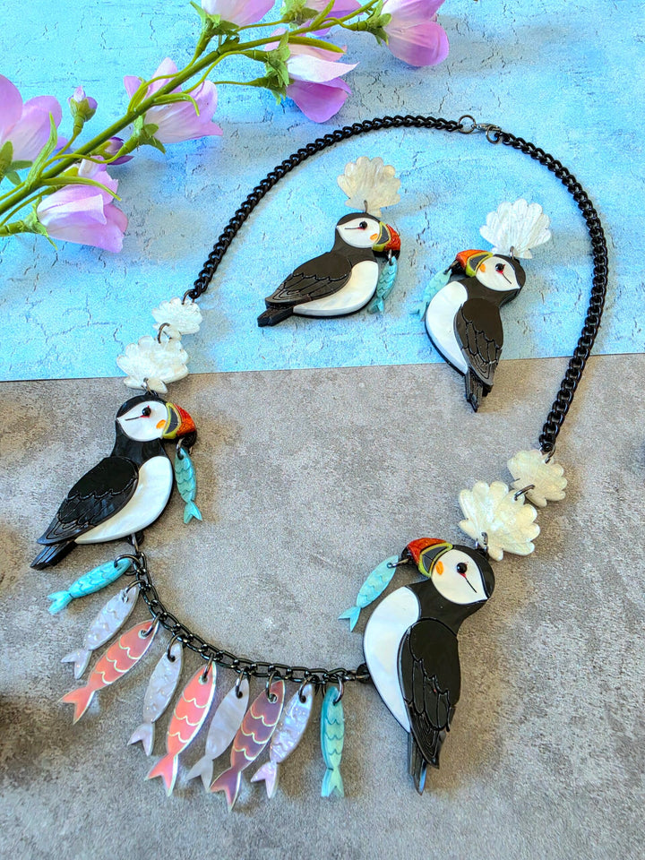 Puffin Coastal Bird Fish Charm Acrylic Necklace