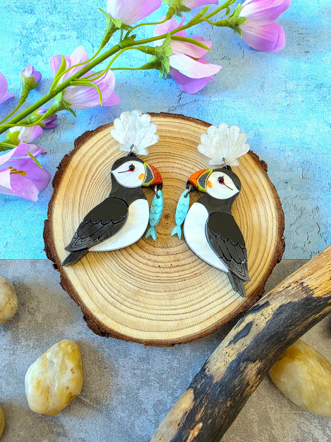 Puffin Coastal Bird Shell Statement Earrings