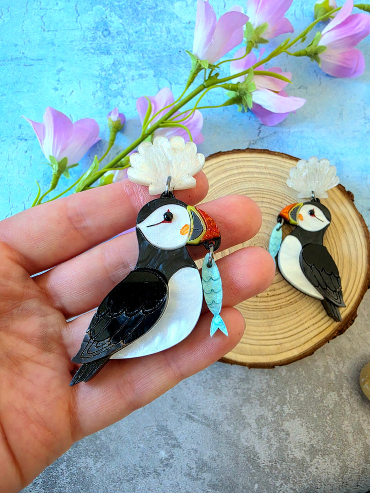 Puffin Coastal Bird Shell Statement Earrings