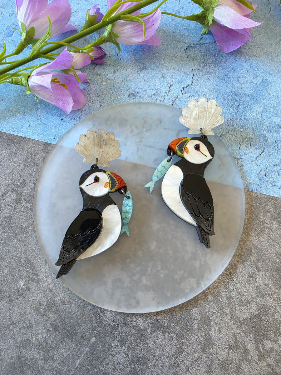 Puffin Coastal Bird Shell Statement Earrings