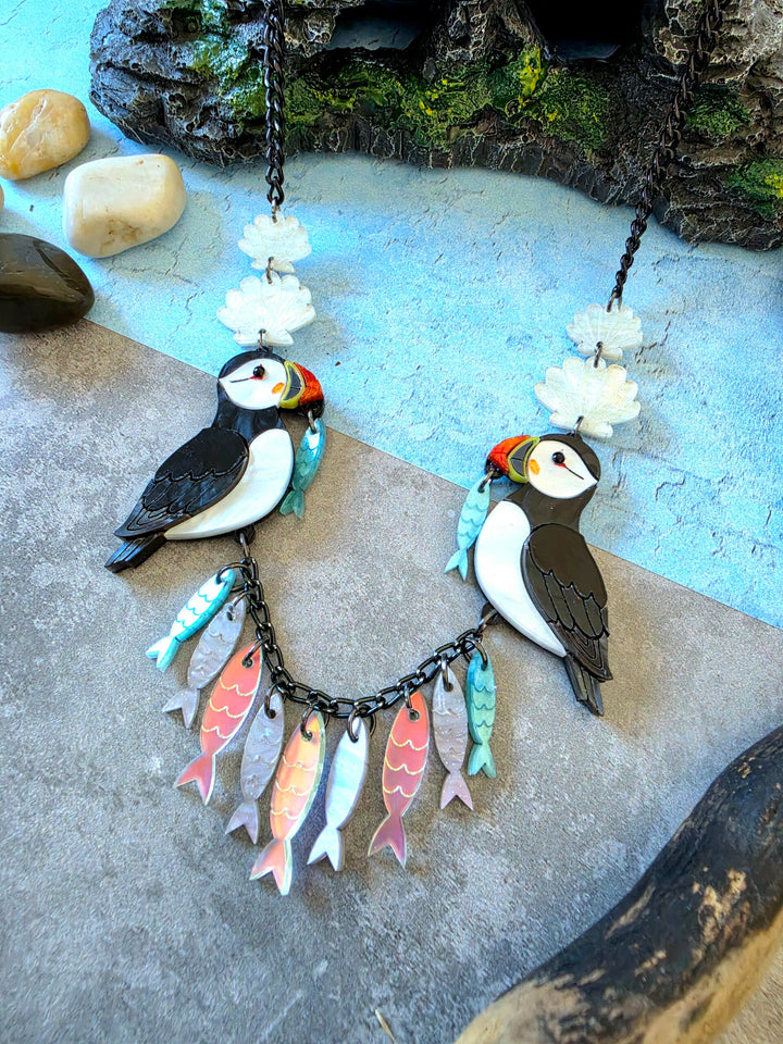 Puffin Coastal Bird Fish Charm Acrylic Necklace