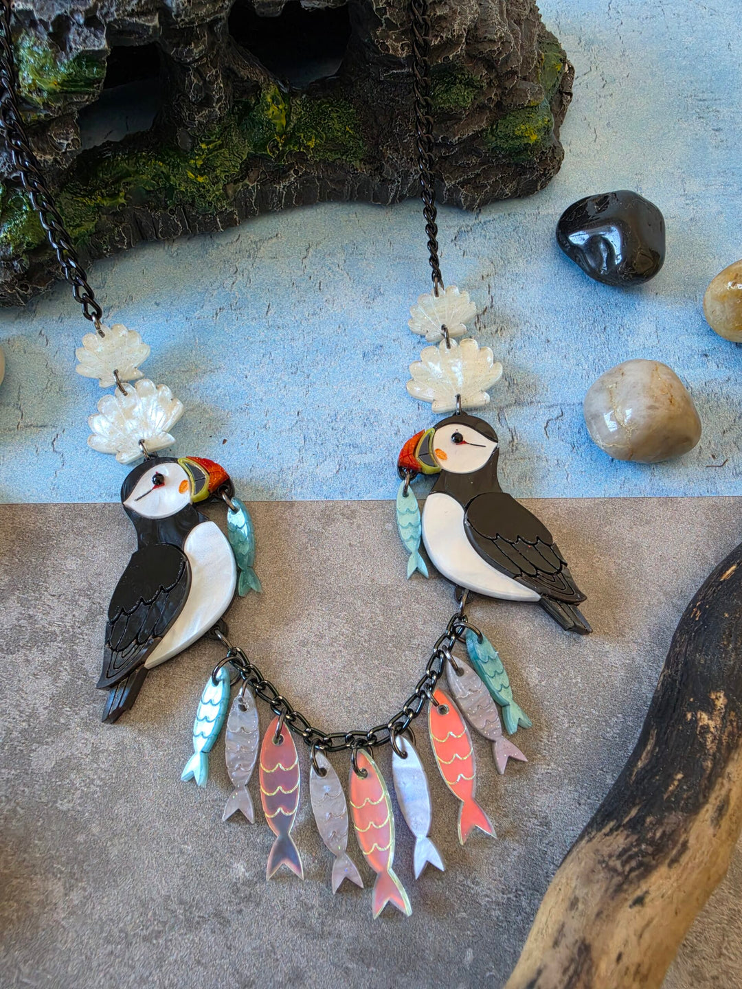 Puffin Coastal Bird Fish Charm Acrylic Necklace