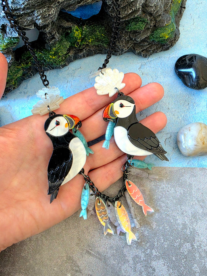 Puffin Coastal Bird Fish Charm Acrylic Necklace