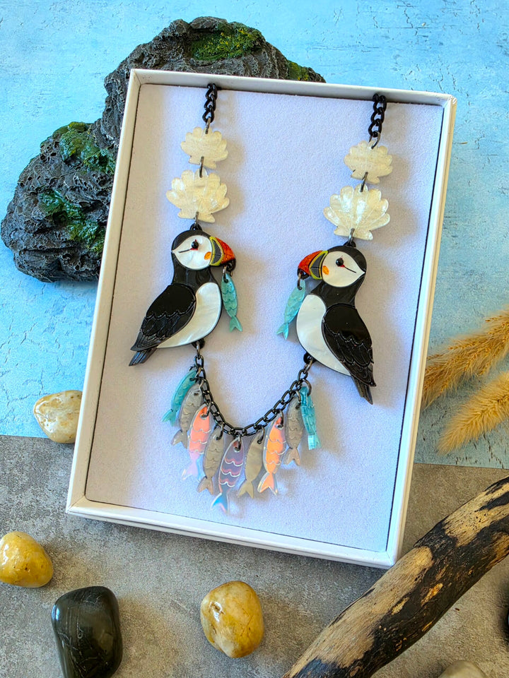 Puffin Coastal Bird Fish Charm Acrylic Necklace