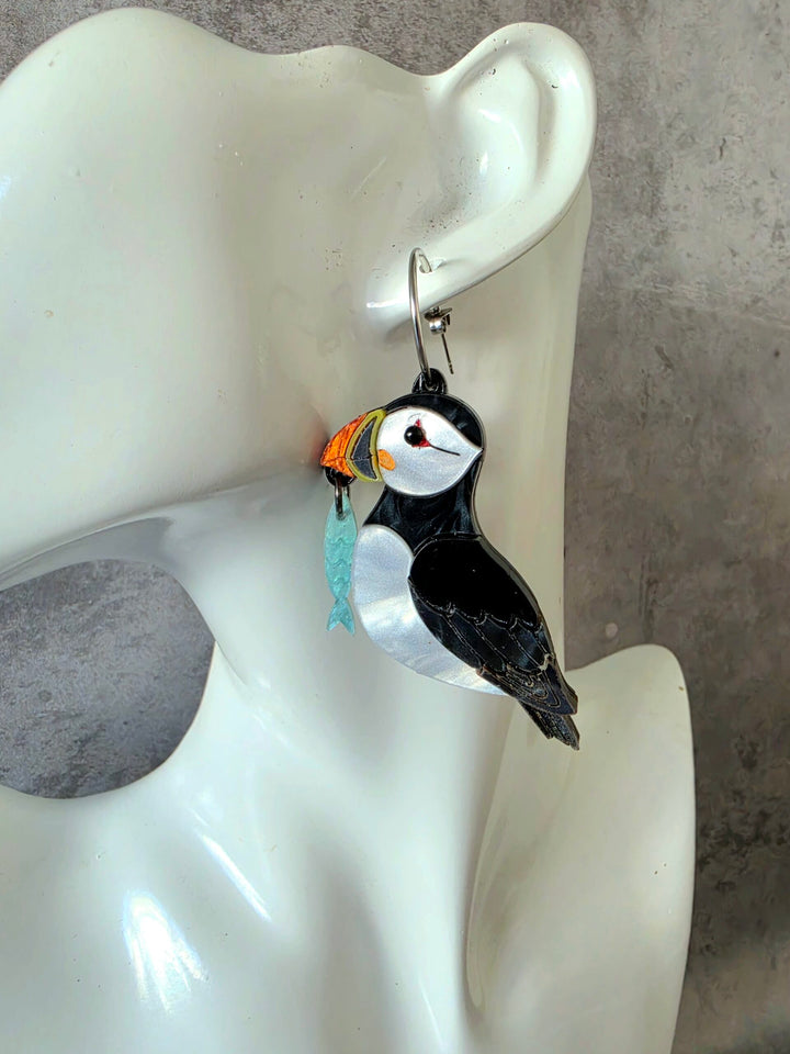 Puffin Coastal Bird Shell Statement Earrings