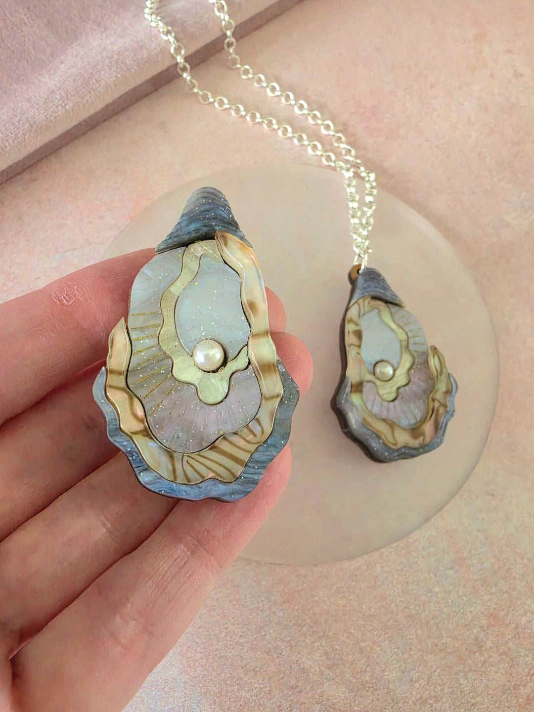Oyster Shell Pearl Ocean Pin or Pendant